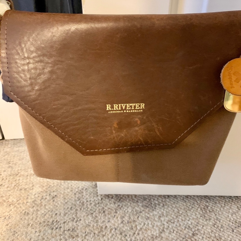R. Riveter Signature Brown Leather+Canvas Handbag